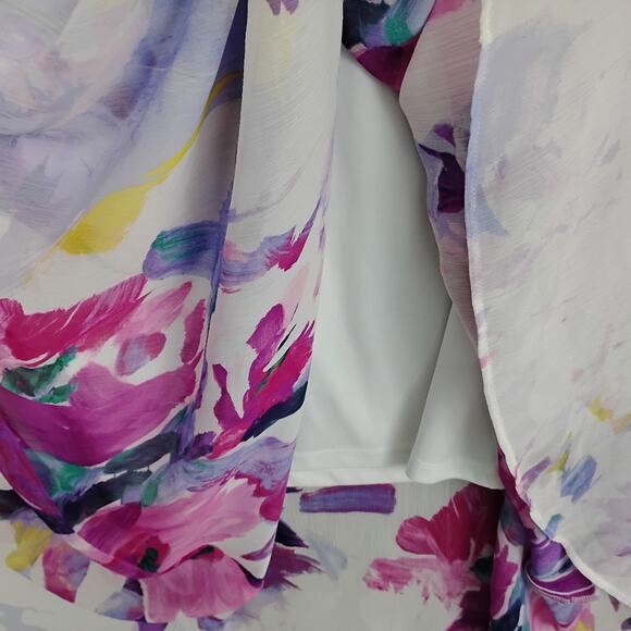 DKNY  Floral Print Balloon Sleeve Tie Waist V Neck Dress Size 12 White & Purple - Picture 12 of 14